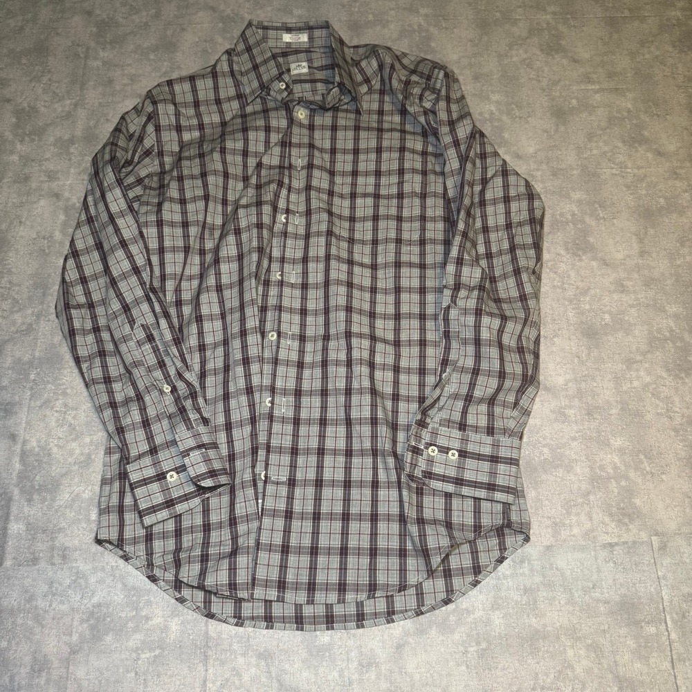 Peter Millar Mens Medium Grey Burgundy Plaid 100% Cotton Button Down Shirt